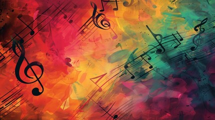 A dynamic blend of colorful musical notes and vibrant backgrounds creating a symphony of visual music. Generative AI