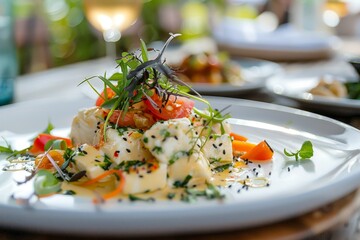 A white plate filled with a variety of delicious foods, showcasing diverse flavors and culinary influences, A fusion of diverse flavors and culinary influences