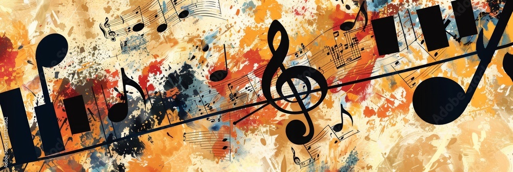 Poster a vibrant painting filled with swirling musical notes and scores, arranged elegantly on music stands
