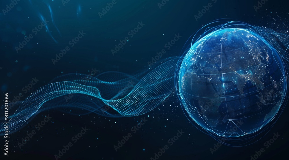 Poster abstract blue background with a digital globe and waves, in the style of technology concept banner f