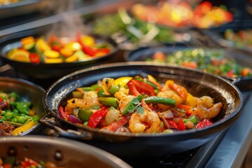 A close-up view of a pan filled with food sizzling on a stovetop, showcasing the cooking process, A fusion of flavors just a click away