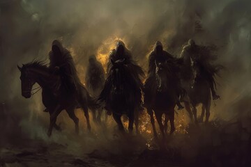 The four horsemen of the apocalypse: prophetic figures - symbolic meaning of legendary equestrians foretelling the end of the world. Signifying victory, conflict, scarcity