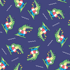 A GREEN ALLIGATOR IN SUMMER OUTFIT SEAMLESS PATTERN
