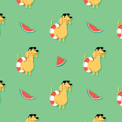 CUTE DACHSHUND WITH SUNGLASSES AND RUBBER RING SEAMLESS PATTERN