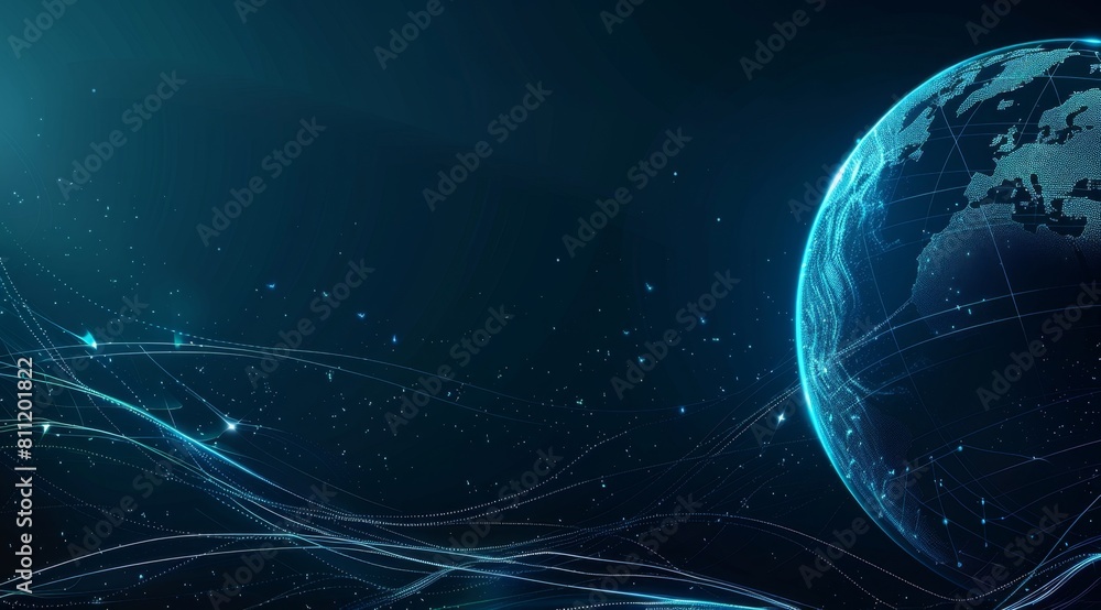Poster abstract blue background with a digital globe and technology waves for a global network, internet or