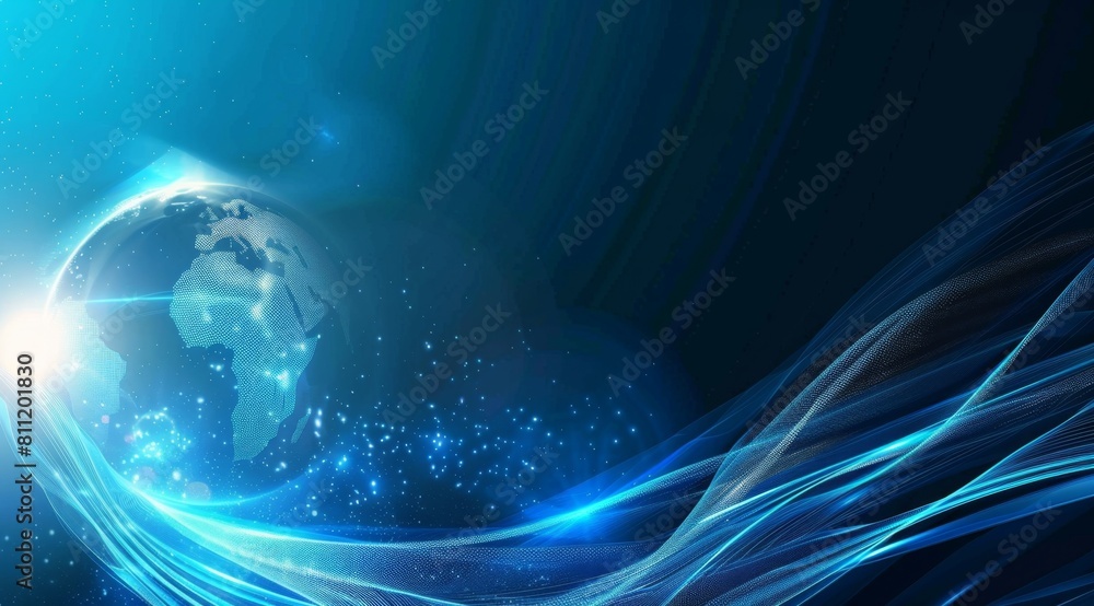 Poster abstract blue background with a digital world globe and light waves generative ai