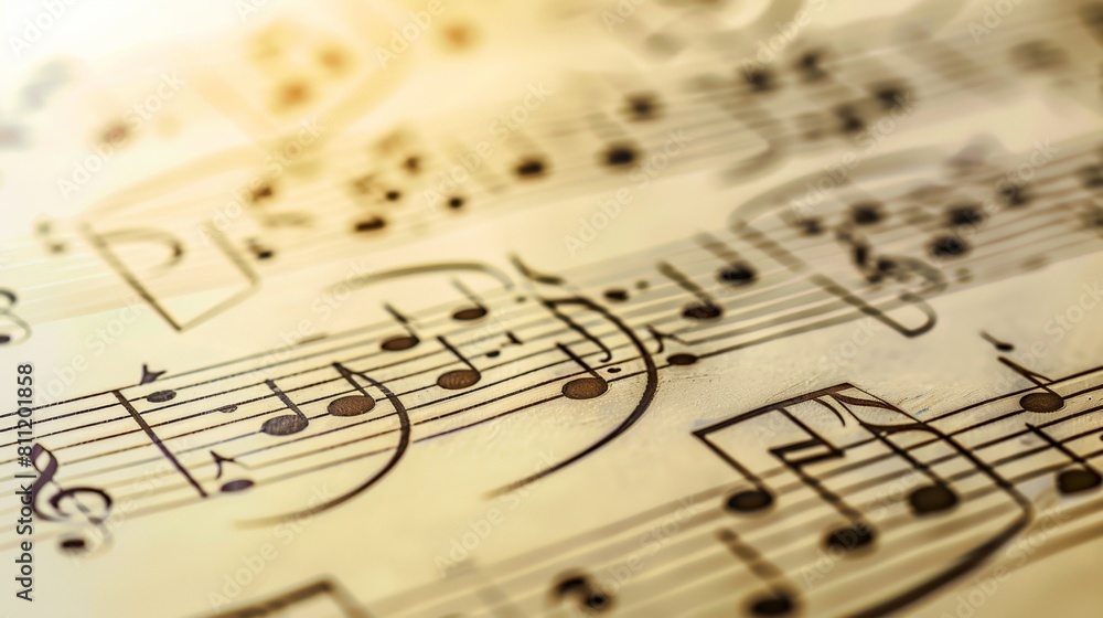Poster a vibrant sheet of music filled with intricate musical notes ready to come to life through the sound