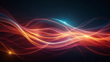 3D futuristic render of neon waves in dark purple, red and golden tones. Wallpaper header for business technology presentation concept.