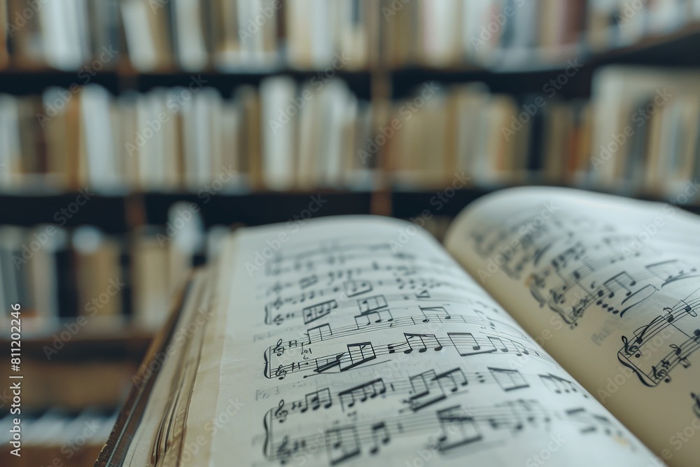 Poster An open book displaying intricate sheet music, showcasing the fusion of literature and melody in a captivating visual. Generative AI