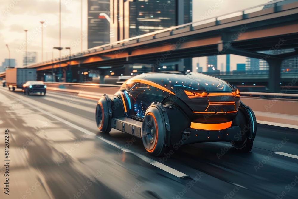 Poster a futuristic autonomous car smoothly navigating a crowded city street with efficiency, a futuristic 