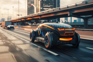 Fototapeta premium A futuristic autonomous car smoothly navigating a crowded city street with efficiency, A futuristic autonomous vehicle navigating a busy highway