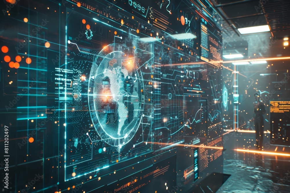 Poster a room featuring a large screen and neon lights with a futuristic theme, a futuristic blackboard dis