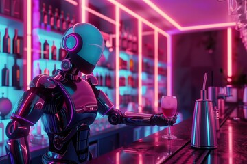 A robot bartender in a neon-lit bar is pouring a drink into a glass at a bar counter, A futuristic bartender in a neon-lit bar, serving drinks to robots