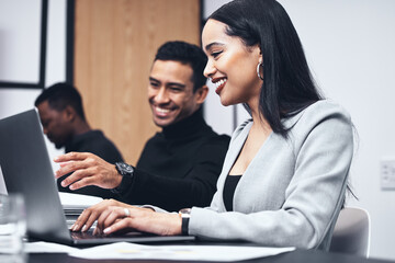 Business people, laptop and conversation in office for meeting, collaboration or internet research....