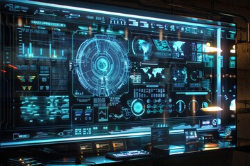 Fototapeta premium A large display of electronic devices illuminates a dark room with a futuristic glow, A futuristic blackboard display with holographic projections and digital data streaming across the screen