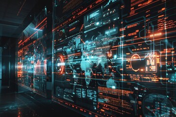 Large interactive display featuring a detailed world map in a futuristic setting, A futuristic blackboard display with holographic projections and digital data streaming across the screen