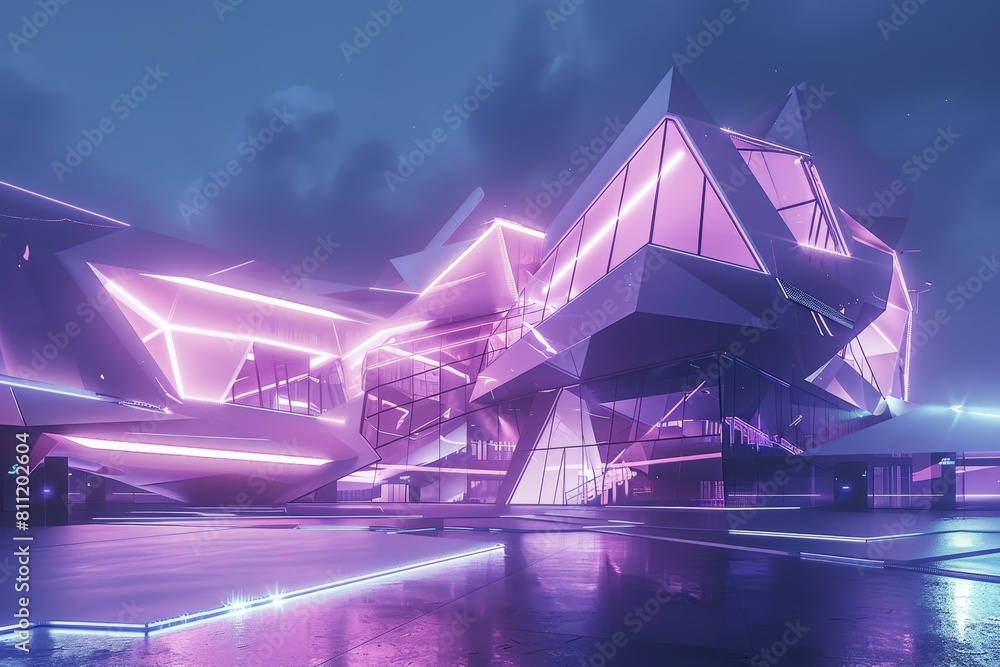 Poster a large building covered in a multitude of bright lights, creating a striking display in the nightti