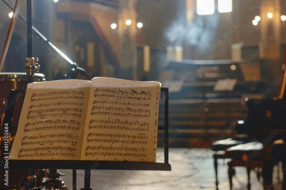 Poster an open book rests gracefully atop a sturdy music stand, harmonizing the timeless connection between