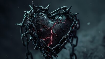 3d heart shape made of chains and spikes, dark background
