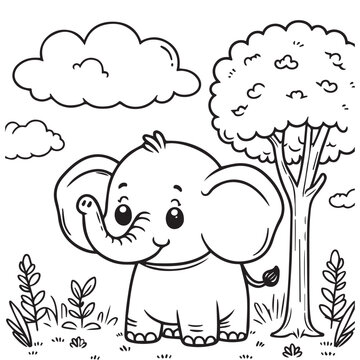 elephant illustration for kids, animal coloring clipart, coloring pages for kids 