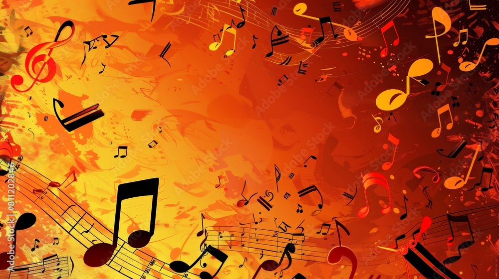 Poster a vibrant group of musical notes soar through the air, creating a beautiful melody in motion. genera