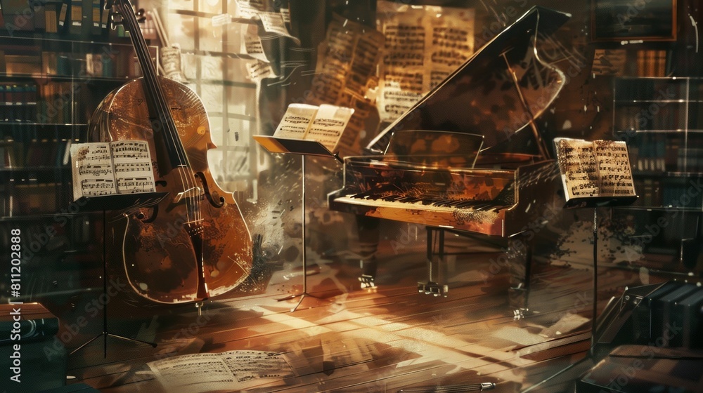 Poster a room bursting with musical instruments and books. guitars, pianos, violins, flutes, and a plethora