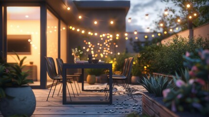 Fototapeta premium A minimalist outdoor patio with a sleek dining set, potted plants, and string lights, creating an inviting space for al fresco dining.