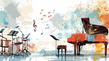 A vibrant painting capturing a piano surrounded by various musical instruments, including violins, trumpets, and drums, against a backdrop of music notes and scores. Generative AI