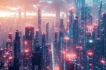Fototapeta premium A bustling city filled with skyscrapers glowing with neon lights, displaying a futuristic aesthetic, A futuristic cityscape inspired by a tech company's vision of the future