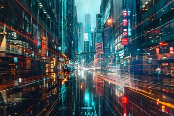 City street bustling with activity, surrounded by numerous towering buildings, A futuristic cityscape inspired by a tech company's vision of the future