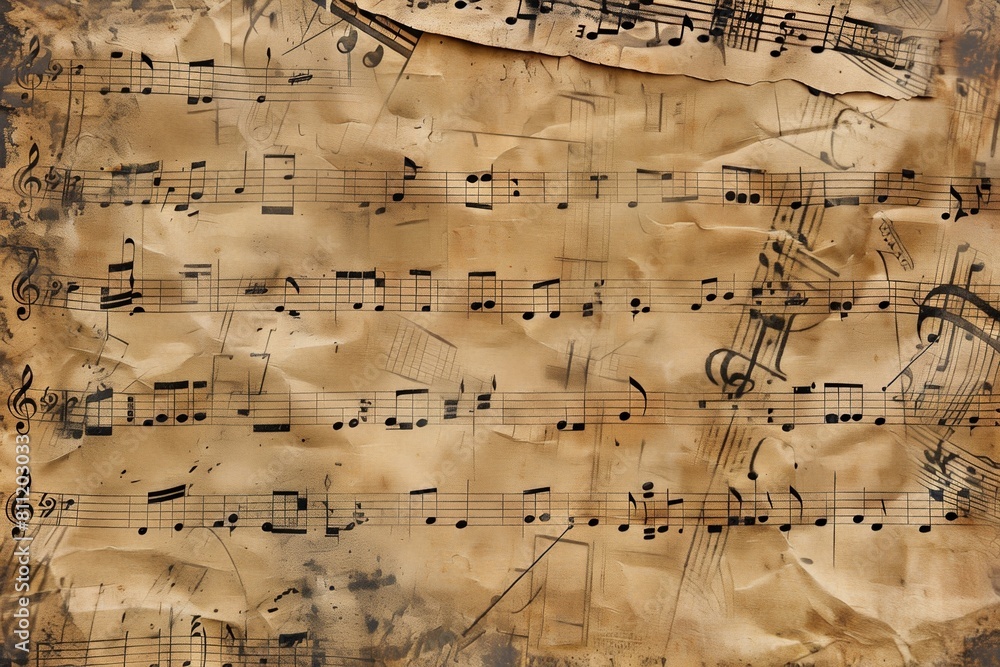 Poster a piece of paper bursting with intricate musical notes, creating a beautiful melody waiting to be pl