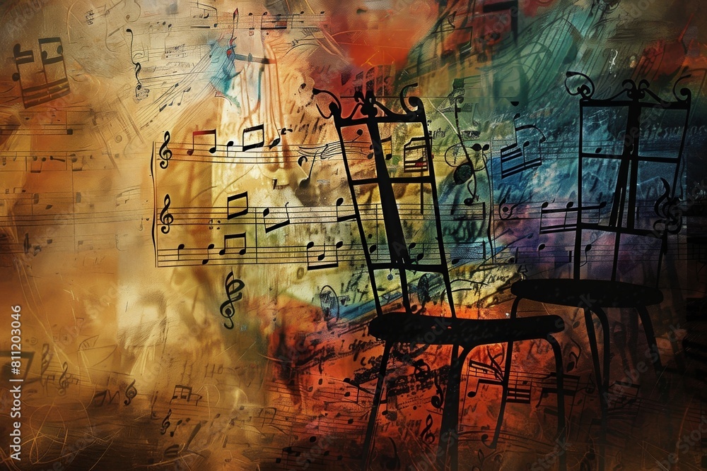 Poster a vibrant painting featuring a chair adorned with intricate musical notes, symbolizing harmony and c