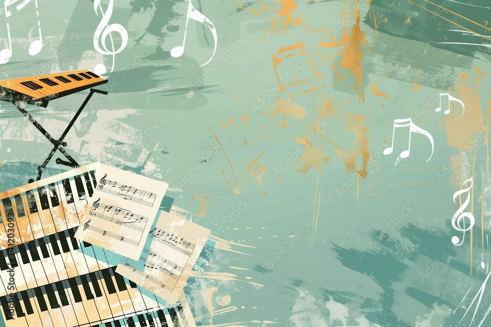 Poster a grand piano surrounded by musical notes on a vibrant green background, creating a symphony of soun