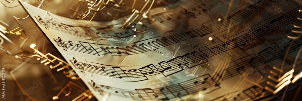 Poster a close-up view of intricate musical notes arranged on a wooden table, showcasing a harmonious compo