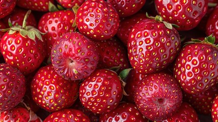   Red strawberries in a stack atop other strawberries