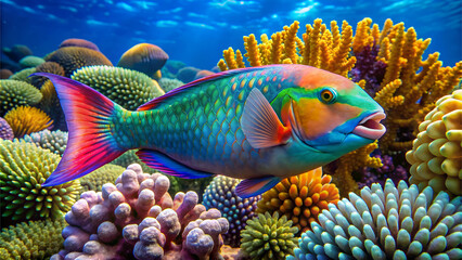 Vivid image of a parrotfish among vibrant corals. Perfect for themes on marine life, underwater...