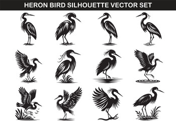 Heron Bird Silhouette Vector Illustration set