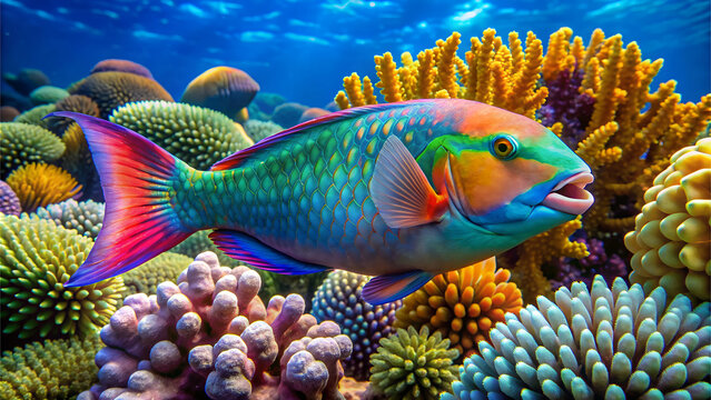 Vivid image of a parrotfish among vibrant corals. Perfect for themes on marine life, underwater beauty, and ecological projects.