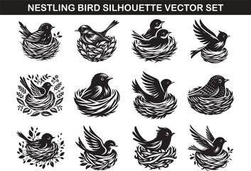 Nestling Bird Silhouette Vector Illustration set