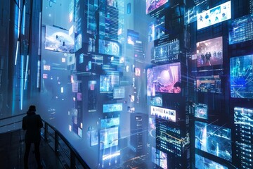 A person stands in front of a wall of television screens in a futuristic cityscape, A futuristic cityscape with giant screens displaying podcasts for citizens to listen to