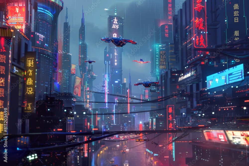 Poster a modern cityscape illuminated by neon lights at night, with flying objects hovering above the build