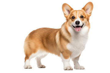 A cute corgi standing on a white background. It has a light brown coat and white paws. It is looking at the camera with a happy expression.