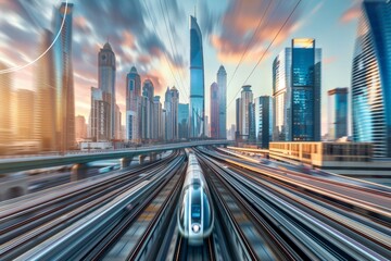 Obraz premium A train is seen traveling through a modern city filled with tall buildings and skyscrapers, A futuristic cityscape with towering skyscrapers and neon lights