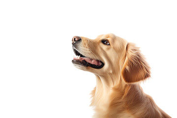 The image shows a Golden Retriever looking up at something with a happy expression on its face.