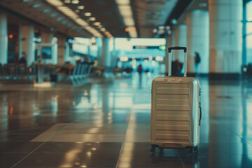 Lonely silver suitcase left unattended on the floor of an airport lobby, no people around