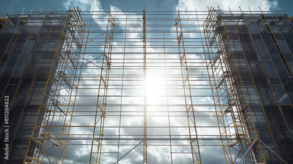Poster scaffolding from an industrial building against the sky in a field, a little evening, friendly shado