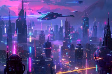 A futuristic city illuminated by neon lights with a spaceship flying over it, A futuristic city skyline with neon lights and flying cars