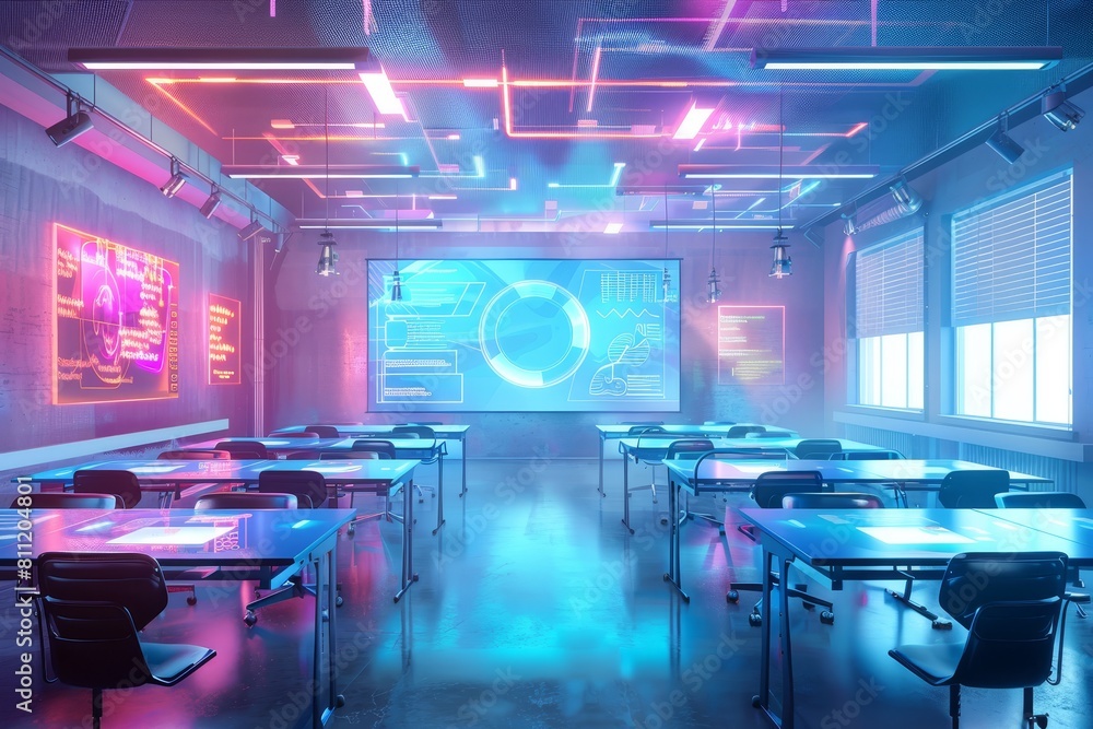 Poster a futuristic classroom with numerous tables and chairs arranged for learning and collaboration, a fu