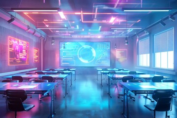 A futuristic classroom with numerous tables and chairs arranged for learning and collaboration, A futuristic classroom scene with holographic displays and interactive learning tools