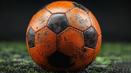 A black and orange soccer ball, a common sports equipment, rests on a grassy field